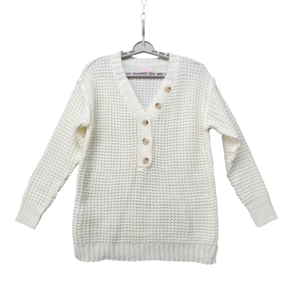 Pink Lily Cable Knit Sweater XS White Oversized Deep V Neck Button Accent Boho - Picture 7 of 13